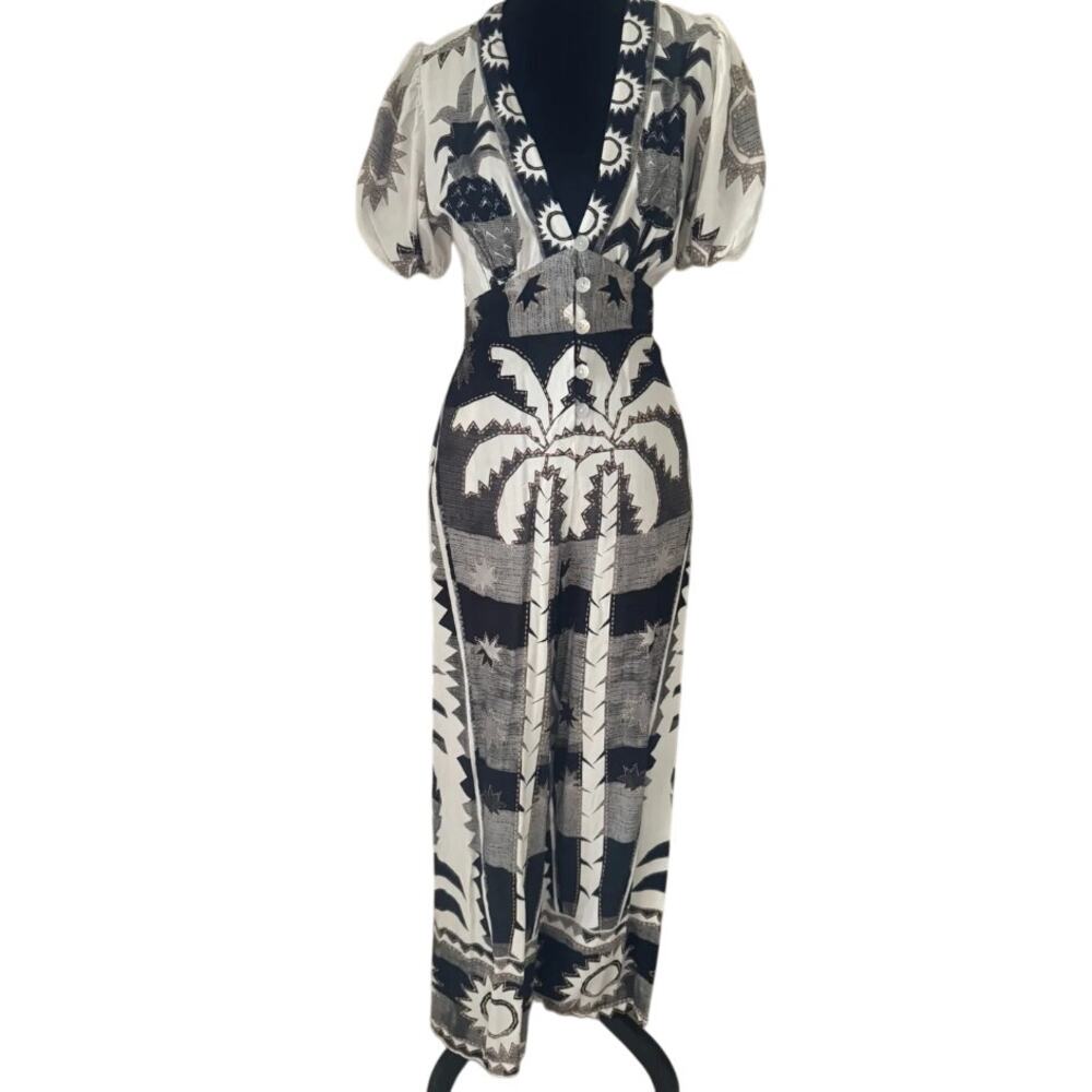 FARM Rio x Anthropologie Sun Palm Tree Tropical Puff-Sleeve Jumpsuit S - Picture 4 of 6